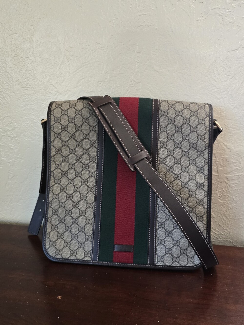 Authentic Vintage Gucci Large GG Supreme Web Flap Messenger Crossbody Bag